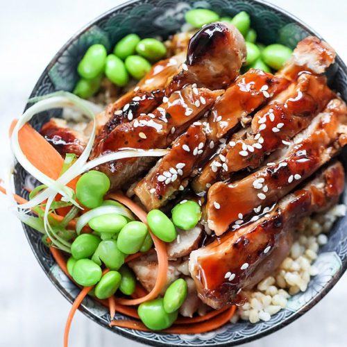 Skillet Teriyaki Chicken with Ginger-scallion rice and a side salad dressed with a creamy poppyseed dressing